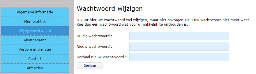 Hoofdstuk 3. Menu-opties Schermafdruk: 3.1 Algemene informatie Op dit tabblad treft u de inleiding van het VGT Portal Veiligheidsinformatiebladen aan. 3.2 Mijn praktijk Onder dit tabblad treft u alle informatie van uw praktijk aan.