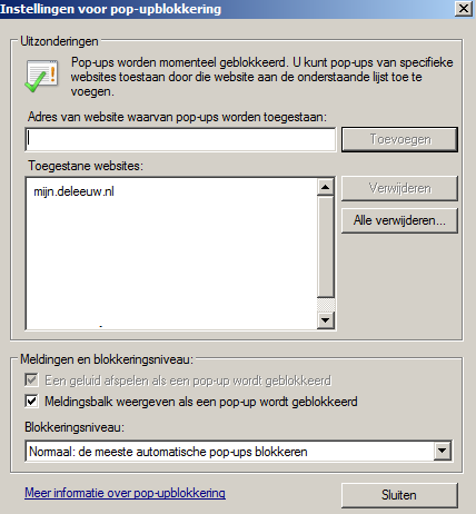 Ook dient u bij de instellingen het volgende adres toe te voegen: mijn.deleeuw.nl ipad gebruik? Gebruikt u een ipad, schakel dan de optie 'Blokkeer pop-ups' uit.