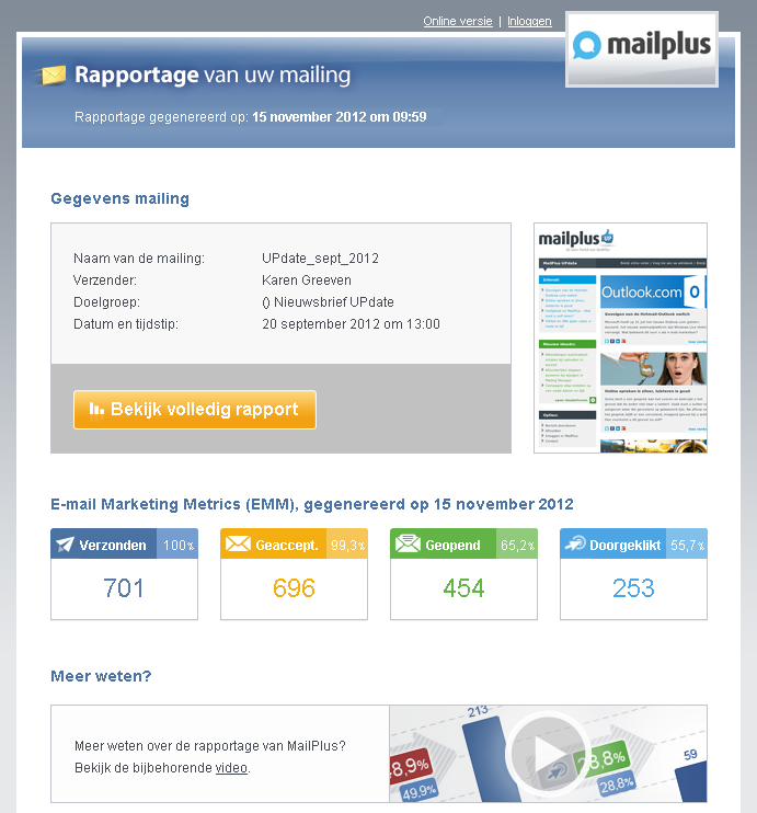 1.9 Rapportagebericht Wanneer u gebruik maakt van mailingtitels kunt u ook het rapportagebericht automatisch door MailPlus laten versturen.