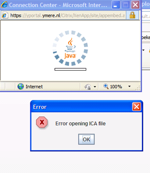 4.5 Error opening ICA File Onderstaande melding verschijnt als er een probleem is met de Java cliënt, of de Native cliënt niet is geïnstalleerd of goed gedetecteerd.