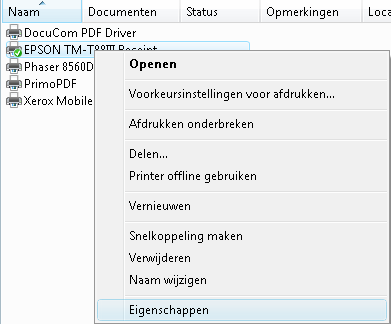 3 Printer instellingen via Windows 3.1 Ga naar Start / Configuratiescherm / Printers. 3.2 Klik met de rechtermuisknop op de EPSON TM-T88 printer die u heeft aangesloten en selecteer Als standaardprinter instellen.