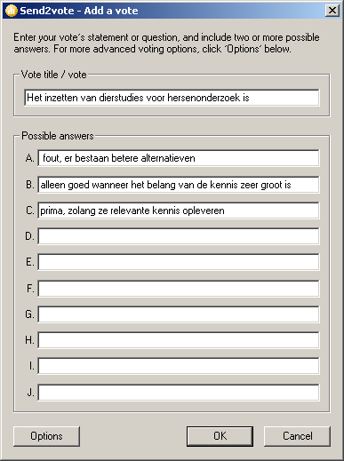 Het maken van vragen met Send2vote Klik op Add vote Selecteer de taal (Nederlands of Engels) Vul een titel, en antwoordalternatieven