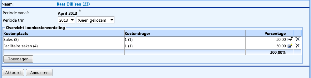 Tabblad Salaris Overig Sectie Loonkostenverdeling