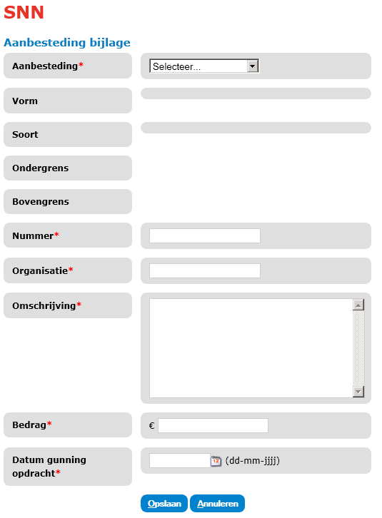 3.c Uitleg stap voor stap Aanmaken aanbesteding Via de knop Aanbesteding kunt u alle opdrachtverleningen boven de aanbestedingsdrempels (aanbestedingen) toevoegen: En komt u in het volgende scherm: U