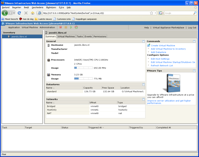 Met de START knop - Alle Programma s VMware VMware Web Access Web Access Verschijnt het inlogscherm van VMServer. Het is een webbrowser die een connectie maakt naar uw eigen pc.