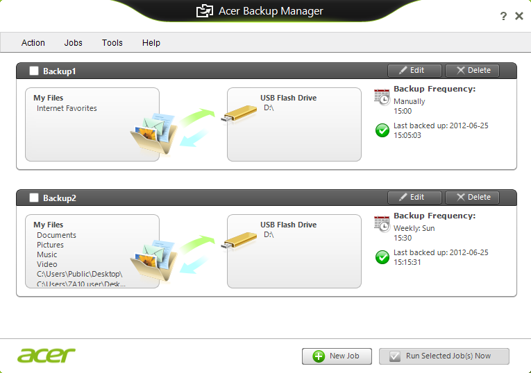 26 - Acer Backup Manager Wanneer u op een bepaald moment uw instellingen wilt wijzigen, gaat u naar het scherm Acer Backup Manager profielen.