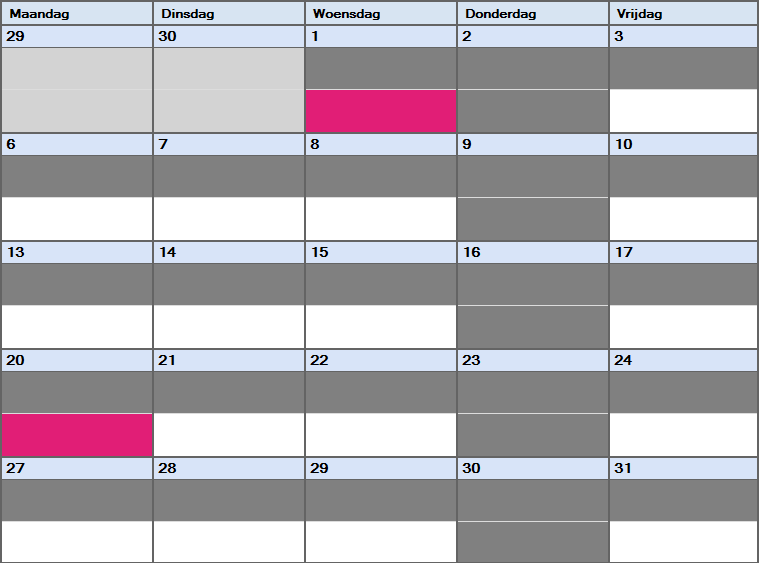 6 cheqpoint V. 1.1.0.21 6.1 Bug: Dagen van andere maanden staan niet meer grijs In de planning staan de dagen van de vorige en volgende maand gekleurd volgens de uurcode in plaats van grijs.