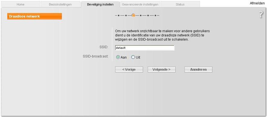 In het Draadloos Netwerk -scherm wordt er om een SSID gevraagd. Dit is de naam waaraan u uw eigen draadloos netwerk kan herkennen. Deze kunt u dus zelf verzinnen.