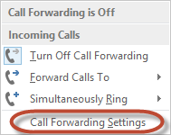 STAP 2: DOORSTUUR OPTIES Een venster opent met snelkoppelingen voor doorstuur opties, onderaan staat Call Forwarding Settings voor uitgebreidere opties.
