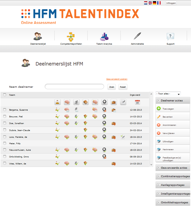 Eenvoudig te bedienen systeem Praktisch bruikbare rapportages Voor elke functie te gebruiken Beschikbaar in Nederlands, Engels, Duits en Frans Eenvoudig te bedienen systeem HFMtalentindex is