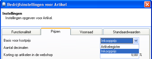 2 Basis voor kostprijs Beeld Instellingen Bedrijf tabblad Module-instellingen Artikel tabblad Prijzen Voor het berekenen van de kostprijs is het van belang dat u een berekeningsgrondslag kiest.