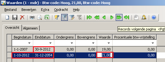 2 Btw-percentage aanpassen Het aanpassen van het btw-percentage kan in de btw-code(pad: Grootboek/Instellen/Btw/btwcodes ). U komt dan in het scherm Btw-codes.