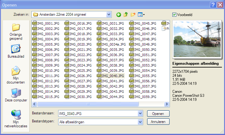 Openen in Windows XP U kunt tot 20 beeldbestanden in een bewerking openen. De grootte van de dialoogbox is instelbaar.