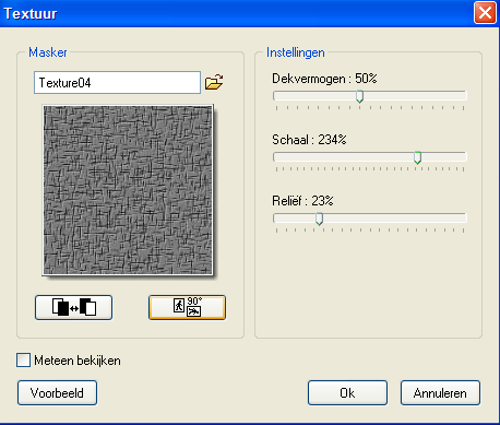 25 De Textuurmodule Kennismaking Met de Textuurmodule kunt u effecten realiseren met behulp van texturen en aangepaste reliefs De module wordt gestart met het menu [Filter > Textuur > Overig].