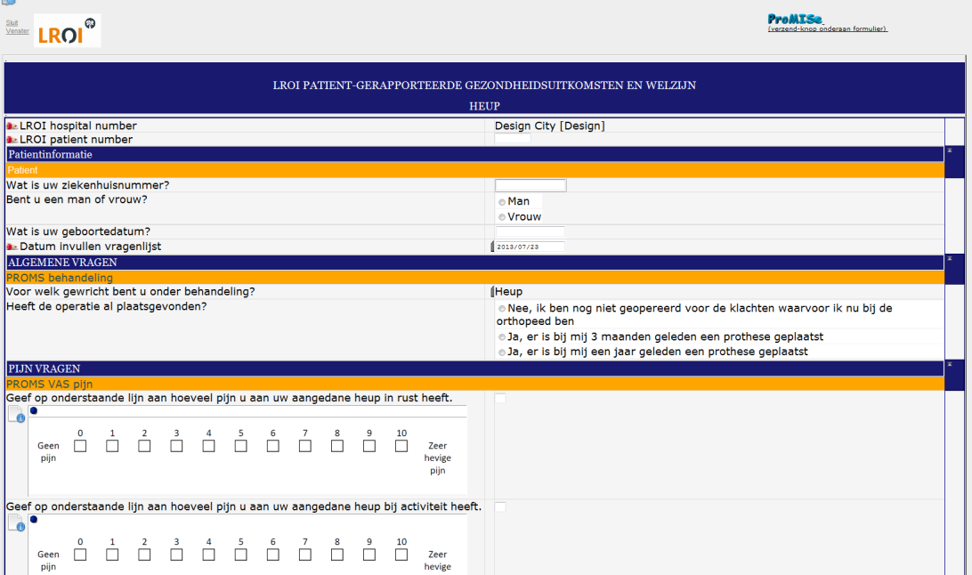 Wanneer u de usernaam en het password invult (afbeelding 3.1) verschijnt de keuzeoptie voor het webform (Vragenlijst patient-ervaringen heup; afbeelding 3.2).