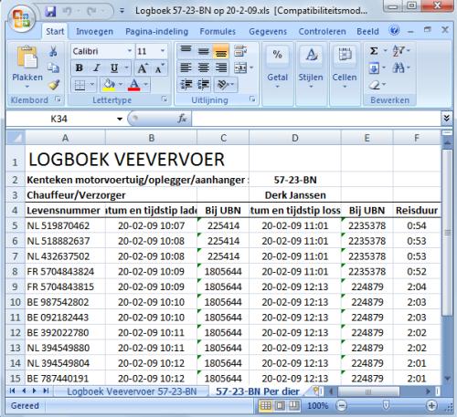 Overzicht vervoerde dieren in Excel U kunt het overzicht van vervoerd vee onderweg op de PDA raadplegen.