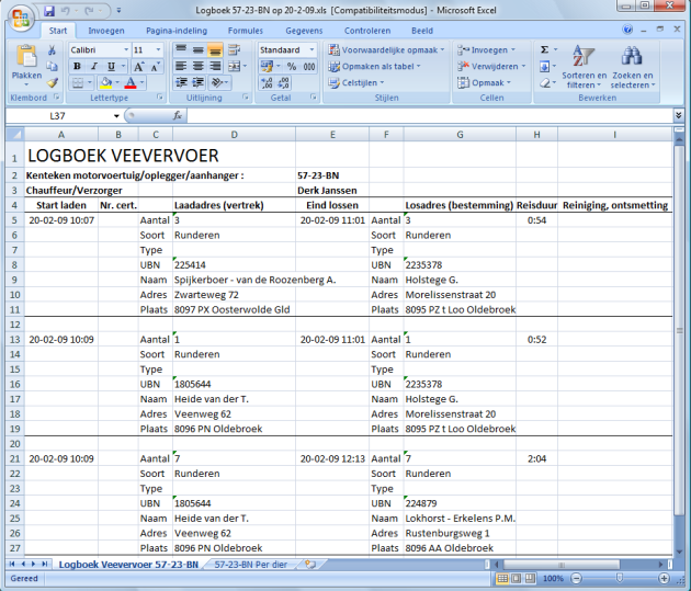 In dit Excel-bestand op de PC zijn 2 tabbladen. Hierboven ziet u het tabblad 57-23-BN Per dier waarin de informatie per dier wordt weergegeven.