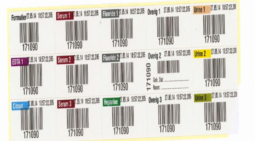 Voor nieuwe en opnieuwe patienten wordt geplakt met de 7 serie. (zie voorbeeld 1.2.1) 1.2. Monsters van overige patiënten 1.2.1. Voor afname (n.v.t. voor zelfprikkende h.a.) Controleer de etiketten voor gebruik op de juiste datum en regio.