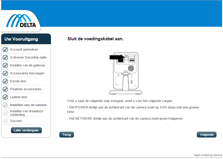 10. Camera installeren Sluit uw camera aan op uw modem zoals aangegeven op de afbeelding. Gebruik hiervoor de netwerkkabel die is meegeleverd met uw camera.