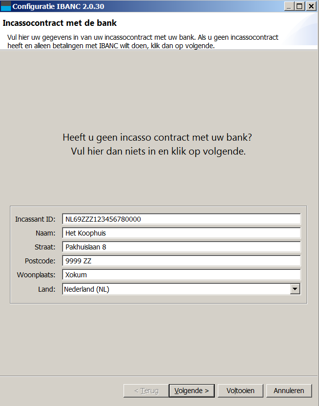Figuur 1: Invullen van het incasso contract Het incassant ID begint in Nederland met NL, gevolgd door twee cijfers, gevolgd door ZZZ en dan weer gevolgd door een reeks cijfers. Let op!