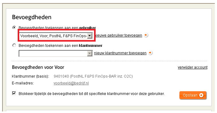 KlantAdmin kan ook een andere gebruiker selecteren door op de drop down box te klikken.