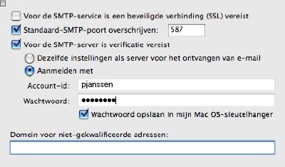 Instructies Microsoft Entourage Pagina 5 Stap 4: Vink de optie Standaard-SMTP-poort overschrijven: aan en vul 587 in als het poortnummer.