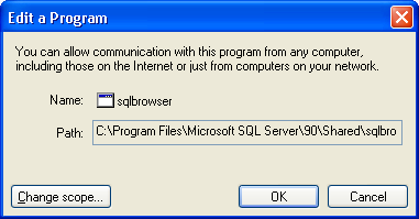Na de installatie 4. Klik op OK. 5. Selecteer sqlbrowser en klik op Bewerken (Edit). Controleer de volgende instellingen: sqlbrowser: C:\Program Files\Microsoft SQL Server\90\Shared\sqlbrowser.exe 6.