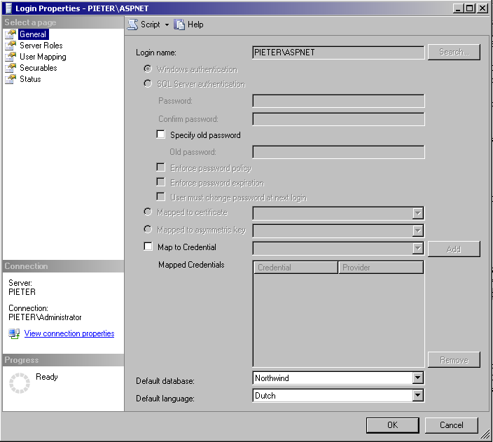 Figuur 2.2 Je hebt nu de voorwaarden gecreëerd voor een ASP.NET SQL-server applicatie.