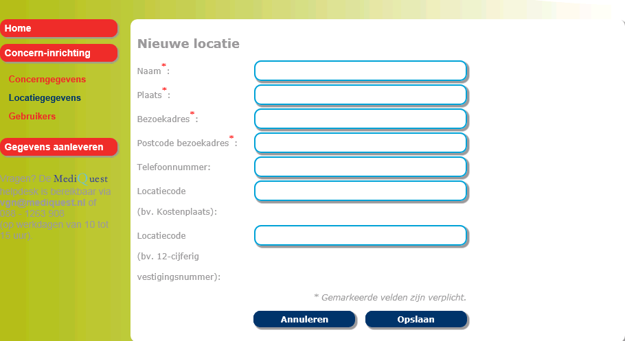 Hier kunt u een locatienaam en andere gegevens van de nieuwe locatie invullen. Als locatienaam kunt u zowel een code als naam gebruiken, dit is aan u.