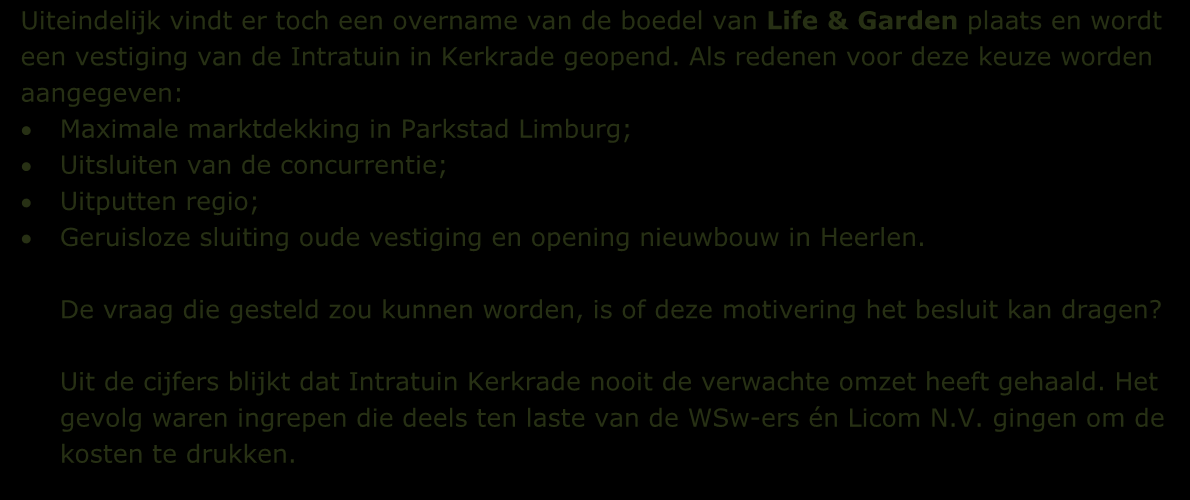 Uiteindelijk vindt er toch een overname van de boedel van Life & Garden plaats en wordt een vestiging van de Intratuin in Kerkrade geopend.