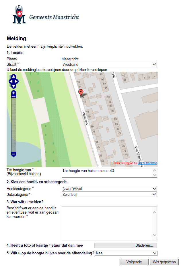 Voorbeeld van het 1 e formulier: Het tweede formulier uit de module biedt een kaart o.b.v. OpenStreet Maps waarop de in MeldDesk geregistreerde meldingen voor de burger zijn weer te geven.