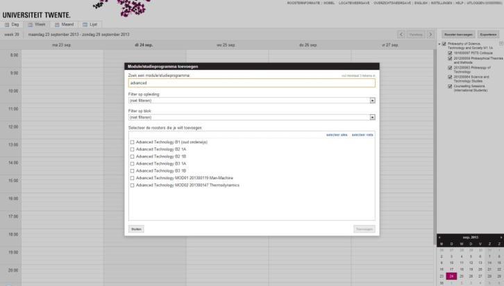 MYTIMETABLE TOEVOEGEN ROOSTER Toevoegen roosters kan voor het gehele studieprogramma of per cursus apart Let op welk