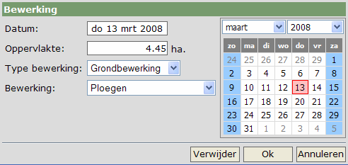 Het principe van registreren is hetzelfde in alle andere rubrieken. De datum registreert u via de kalender en de gegevens vult u in middels de onderliggende keuzelijsten.