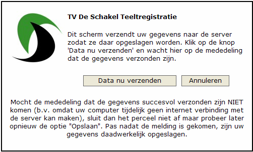 Klik op de knop "Data nu verzenden" om de gegevens vast te leggen op de server.