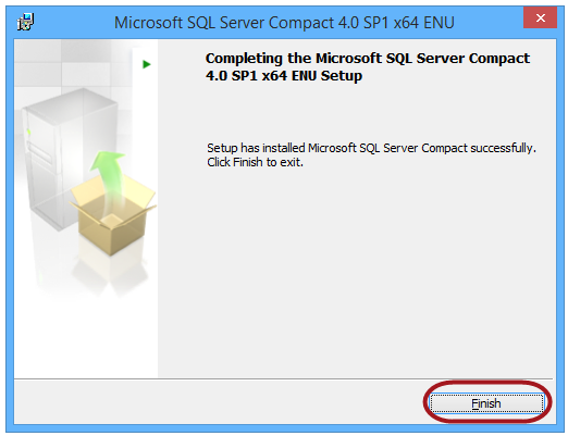 Wacht tot de installatie is voltooid: Druk op Finish om de installatie van SQL Server Compact
