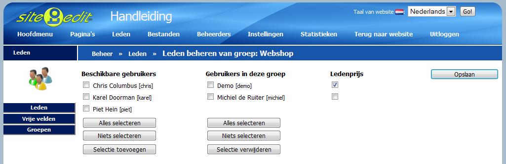 Webshopleden U kunt leden aan- of afmelden voor de webshop. Ga hiervoor naar Webshop en klik op Webshopleden en vervolgens op het knopje Beheer.