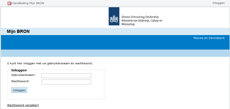 Voorbeeld: Website om in te loggen op Mijn BRON Gebruikersnaam en wachtwoord Om in te loggen op Mijn BRON maakt u gebruik van uw gebruikersnaam en het wachtwoord dat u heeft ontvangen van DUO (tenzij