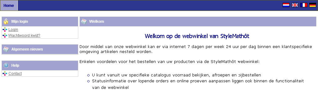 Home/Login Hierboven ziet u de Home pagina. Op deze pagina is de welkomsttekst te lezen. In het menu (links) ziet u 3 koppen: Mijn login, Algemeen nieuws en help.