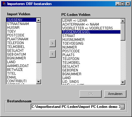 2. Selecteer nu via de knop [ ] jn het vak Bestandsnaam het zojuist gemaakte.dbf bestand.