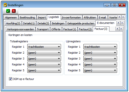 Factuur(3) Hier kunt u aan de Totaal- en Lijnregisters een ALC-code koppelen. Deze komen dan op de E-factuur in de afzonderlijke sectie Allowances & Charges.