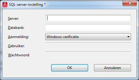 3. Selecteer de optie SQL server en klik op [...]. Het SQL-server-instellingen venster wordt geopend. 1. Vul de naam van de SQL Server in bij Server. 2. Laat het veld Databank leeg. 3.