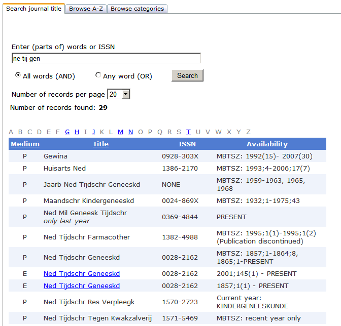 MedBib-handleiding Fulltext-tijdschriften 3 / 6 - bladeren per beginletter - bladeren op categorie 5. Bij zoeken op naam: Geef stukjes van de naam van het gewenste tijdschrift, bijv.