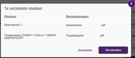 Als alle documenten die u op dit moment wilt verzenden zijn geselecteerd, klikt op de button Naar verzenden. Vervolgens krijgt u in een pop-up met hierin de te verzenden stukken. Klik op Verzenden.