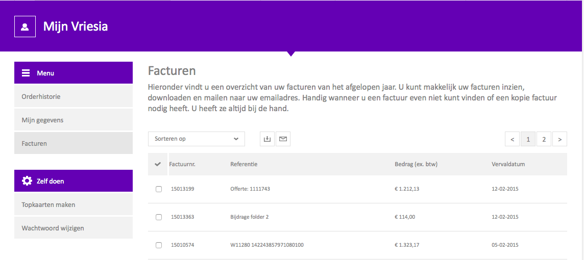 4. Mijn Vriesia 4.3 Hoe kan ik mijn facturen inzien? Ga naar Mijn Vriesia. Kies daar onder Menu voor Facturen. Hier vindt u een overzicht van al uw facturen tot een jaar terug.