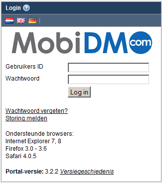 1. De MobiDM portal. Afhankelijk van uw leverancier kan de portal er anders uitzien. In deze handleiding wordt gebruik gemaakt van de MobiDM stijl.