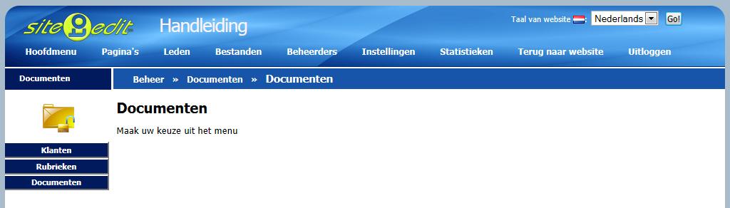 Hoofdmenu Na het inloggen komt u in het hoofdmenu van de website. Van hieruit kunt u naar de verschillende modules van Site to Edit. Elke module heeft een eigen functie.