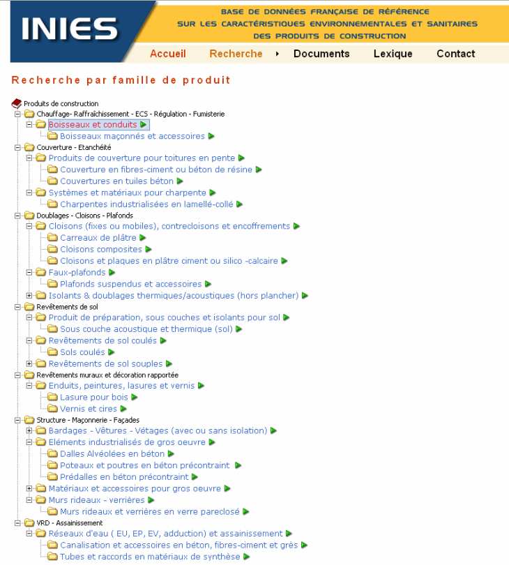 Voorbeelden INIES Frankrijk Online databank van EPD s Producenten of vakverenigingen Conform Franse norm Zoekfunctie