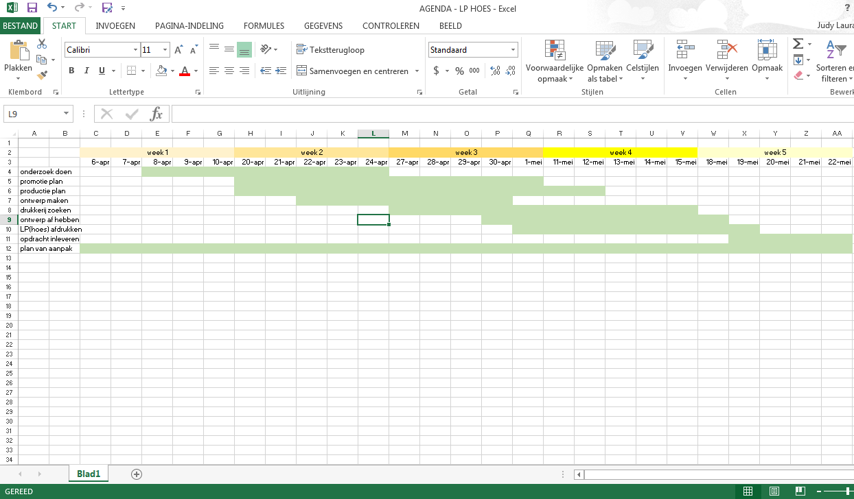 PLANNING Om deze opdracht zo goed mogelijk te voltooien heb ik de volgende (stroken)planning opgesteld via Exel. Deze planning helpt mij het project in goed banen te leiden.