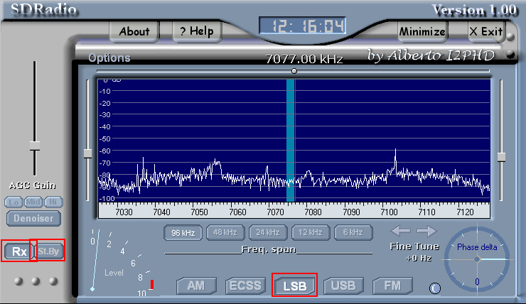 Luisteren met de SDR software Aan en uit zetten en mode instellen Links onder in het scherm kan de radio aangezet worden met 'RX'. Met de 'St.