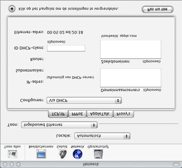Computer configuratie onder MacOS / MacOS X Mac OS (8.x / 9.x) Klik op Apple (icoon) > Regelpanelen > TCP/IP. Onder Verbind via selecteert u Ethernet. Onder Configureer selecteert u Handmatig.